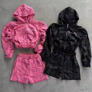 Custom Women 2 Piece Set Distressed Cropped Hoodie and Shorts Set All Print Logo Two Piece Sweatsuit Set
