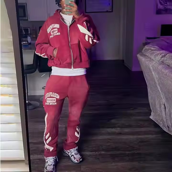 Custom Streetwear Vintage Cropped Zip Hoodie and Sweatpants Set Distressed Patch Embroidery Sun Faded Acid Wash Tracksuit