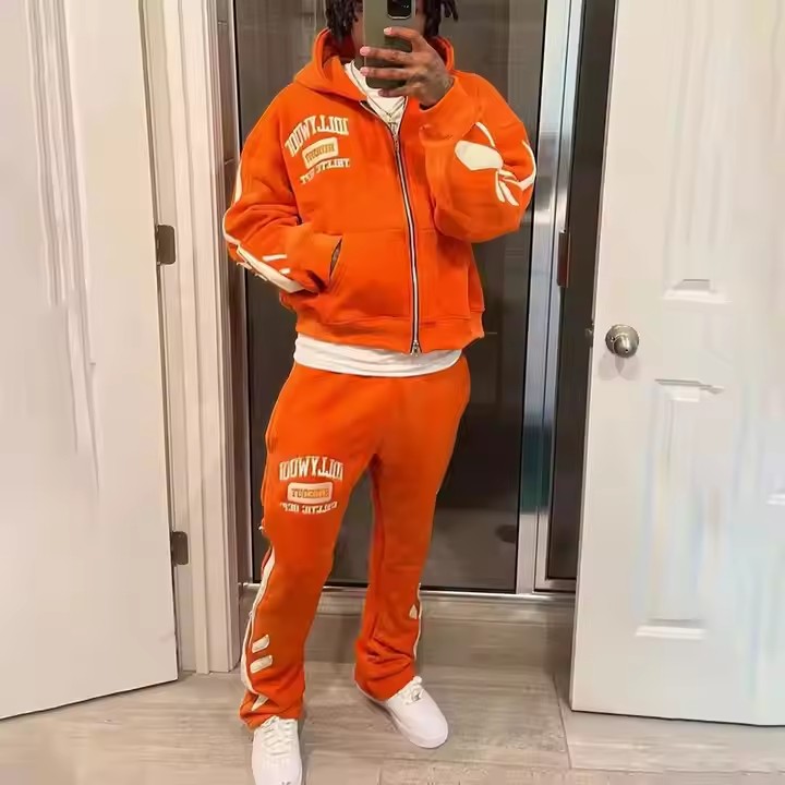 Custom Streetwear Vintage Cropped Zip Hoodie and Sweatpants Set Distressed Patch Embroidery Sun Faded Acid Wash Tracksuit