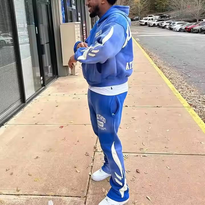 Custom Streetwear Vintage Cropped Zip Hoodie and Sweatpants Set Distressed Patch Embroidery Sun Faded Acid Wash Tracksuit