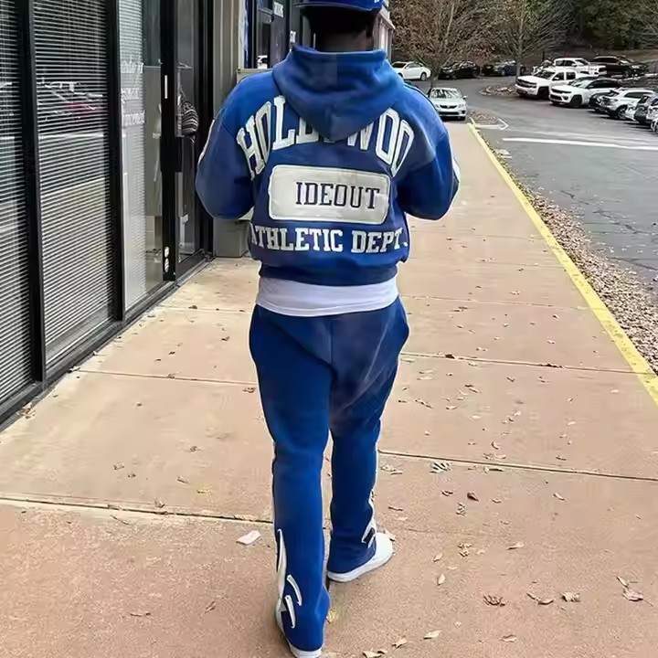 Custom Streetwear Vintage Cropped Zip Hoodie and Sweatpants Set Distressed Patch Embroidery Sun Faded Acid Wash Tracksuit