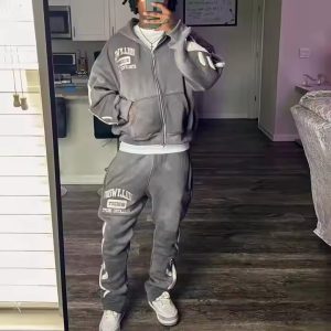 Custom Streetwear Vintage Cropped Zip Hoodie and Sweatpants Set Distressed Patch Embroidery Sun Faded Acid Wash Tracksuit