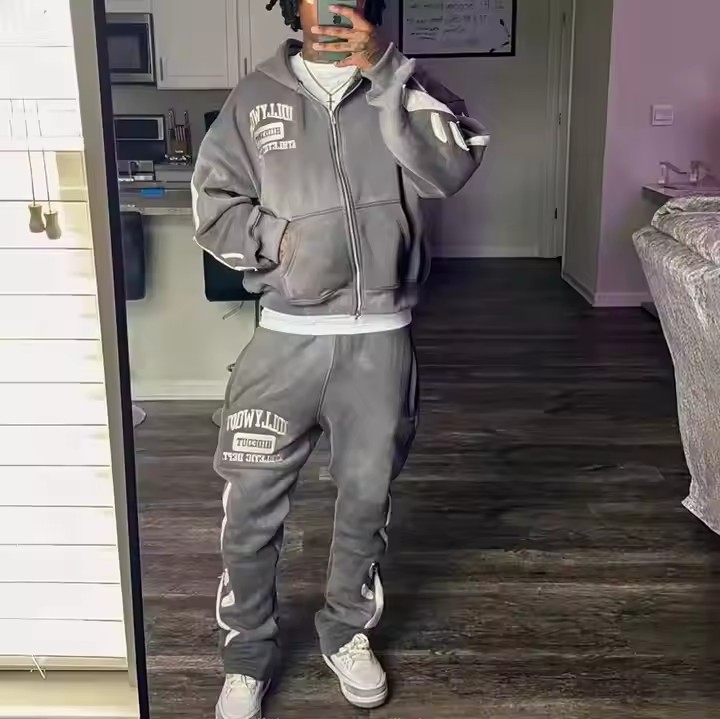 Custom Streetwear Vintage Cropped Zip Hoodie and Sweatpants Set Distressed Patch Embroidery Sun Faded Acid Wash Tracksuit