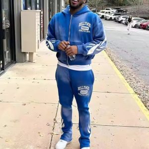 Custom Streetwear Vintage Cropped Zip Hoodie and Sweatpants Set Distressed Patch Embroidery Sun Faded Acid Wash Tracksuit