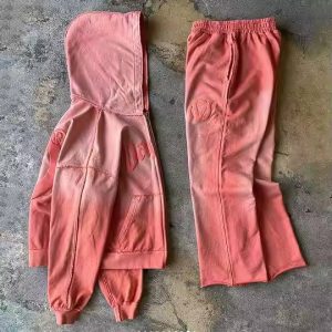 Custom 2 Piece Set Men Jogging Suits Acid Wash Sweatsuits Zip up Hoodie and Flared Sweatpants Jogger Set Puff Print Tracksuits