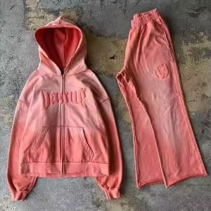 Custom 2 Piece Set Men Jogging Suits Acid Wash Sweatsuits Zip up Hoodie and Flared Sweatpants Jogger Set Puff Print Tracksuits