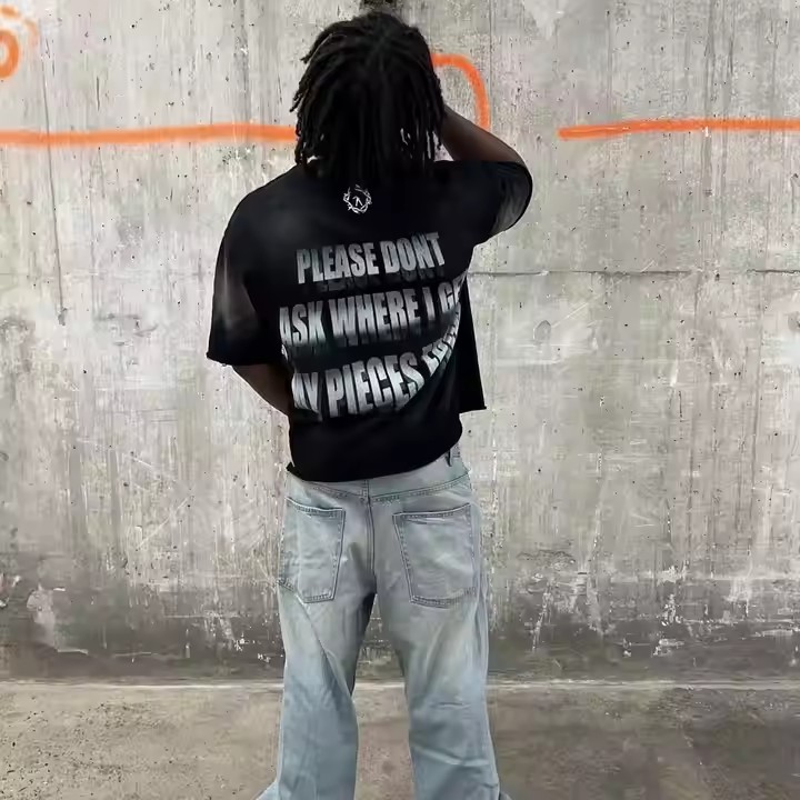 Custom 2025 New Streetwear Vintage Washed T-Shirt Printed Heavy Cotton Raw Hem Boxy Cropped Acid Wash T Shirt for Men