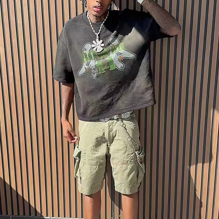 Vintage Acid Washed Tshirt Custom High Quality 100% Cotton Boxy Fit Cropped Printing Sun Faded Graphic T Shirts Men