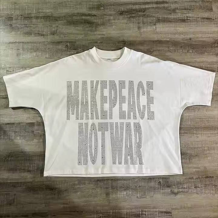 Custom Logo Graphic T-Shirts Drop Shoulder Heavy Cotton Oversized Heavyweight Rhinestone Cropped Boxy T Shirt for Men