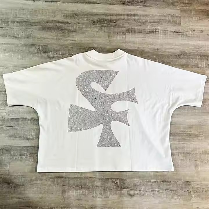 Custom Logo Graphic T-Shirts Drop Shoulder Heavy Cotton Oversized Heavyweight Rhinestone Cropped Boxy T Shirt for Men
