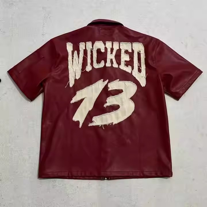 Custom Logo High Quality Streetwear Design Mens Short Sleeve Leather Shirts Hip Hop Zip up Streetwear Drop Shoulder T-shirts