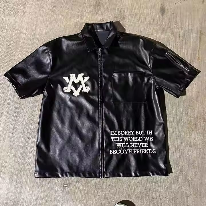 Custom Logo High Quality Streetwear Design Mens Short Sleeve Leather Shirts Hip Hop Zip up Streetwear Drop Shoulder T-shirts