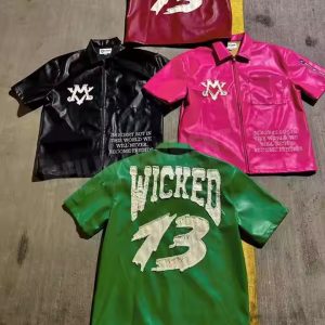 Custom Logo High Quality Streetwear Design Mens Short Sleeve Leather Shirts Hip Hop Zip up Streetwear Drop Shoulder T-shirts