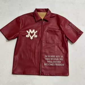 Custom Logo High Quality Streetwear Design Mens Short Sleeve Leather Shirts Hip Hop Zip up Streetwear Drop Shoulder T-shirts