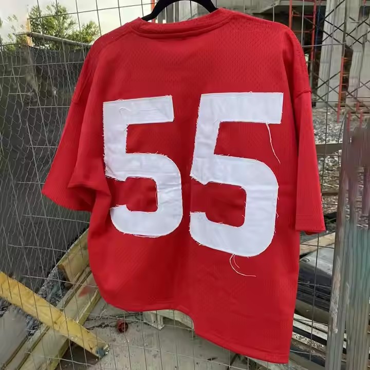 Custom Applique Distressed Embroidery Boxy Cropped T Shirt Sporty Quick Dry Fit Breathable Mesh Jersey Retro Football T-Shirt