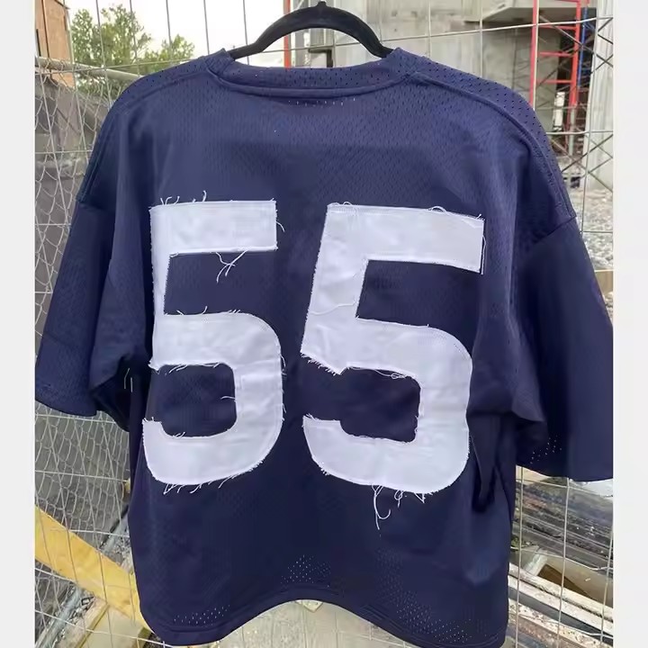 Custom Applique Distressed Embroidery Boxy Cropped T Shirt Sporty Quick Dry Fit Breathable Mesh Jersey Retro Football T-Shirt