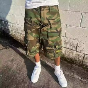 Custom 2025 Summer Vintage Baggy Fit Multi-Pockets Double Waist Acid Wash Casual Streetwear Men's Cargo Camo Shorts