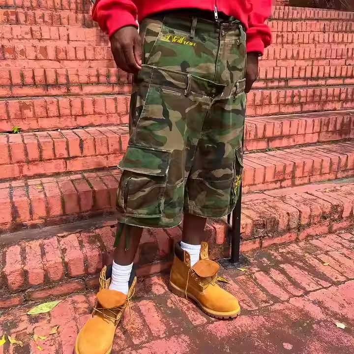 Custom 2025 Summer Vintage Baggy Fit Multi-Pockets Double Waist Acid Wash Casual Streetwear Men's Cargo Camo Shorts