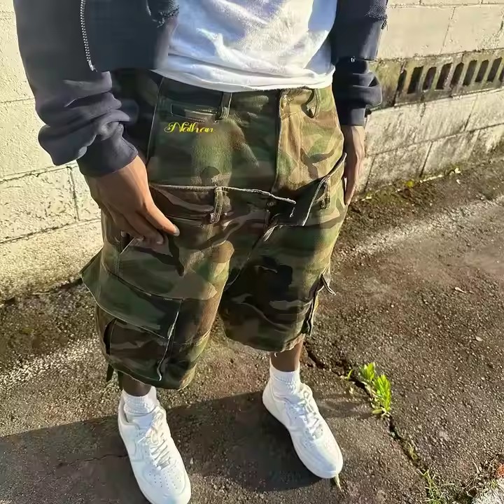 Custom 2025 Summer Vintage Baggy Fit Multi-Pockets Double Waist Acid Wash Casual Streetwear Men's Cargo Camo Shorts