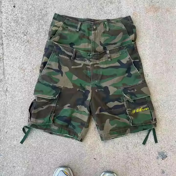Custom 2025 Summer Vintage Baggy Fit Multi-Pockets Double Waist Acid Wash Casual Streetwear Men's Cargo Camo Shorts