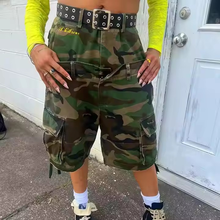 Custom 2025 Summer Vintage Baggy Fit Multi-Pockets Double Waist Acid Wash Casual Streetwear Men's Cargo Camo Shorts