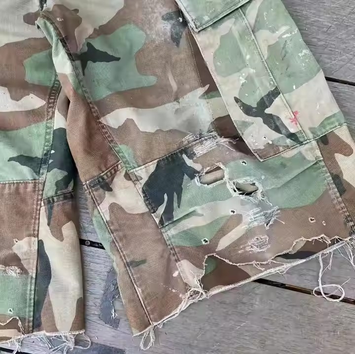 Manufacturer Streetwear Cut Edge Print Heavyweight Baggy Oversized Ripped Distressed Camouflage Camo Cargo Short for Men