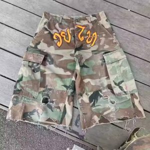Manufacturer Streetwear Cut Edge Print Heavyweight Baggy Oversized Ripped Distressed Camouflage Camo Cargo Short for Men