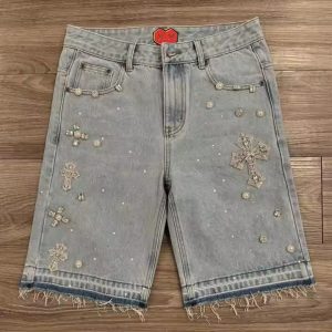 Custom 2025 Summer Oversized Acid Wash Diamond Crystal Denim Shorts Jeans Streetwear Rhinestone Baggy Jorts Men