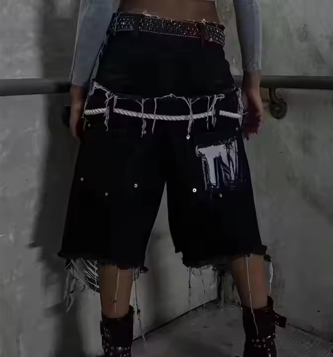 Custom Double Waist Vintage Distressed Black Loose Baggy Mens Denim Jeans Shorts Acid Washed Faded Rhinestone Jorts Men