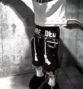 Custom Double Waist Vintage Distressed Black Loose Baggy Mens Denim Jeans Shorts Acid Washed Faded Rhinestone Jorts Men