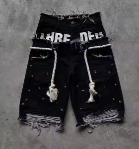 Custom Double Waist Vintage Distressed Black Loose Baggy Mens Denim Jeans Shorts Acid Washed Faded Rhinestone Jorts Men