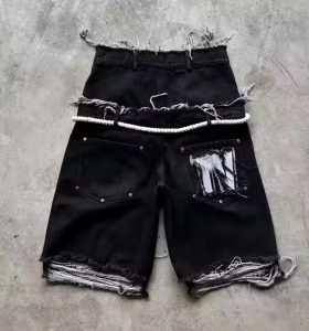 Custom Double Waist Vintage Distressed Black Loose Baggy Mens Denim Jeans Shorts Acid Washed Faded Rhinestone Jorts Men