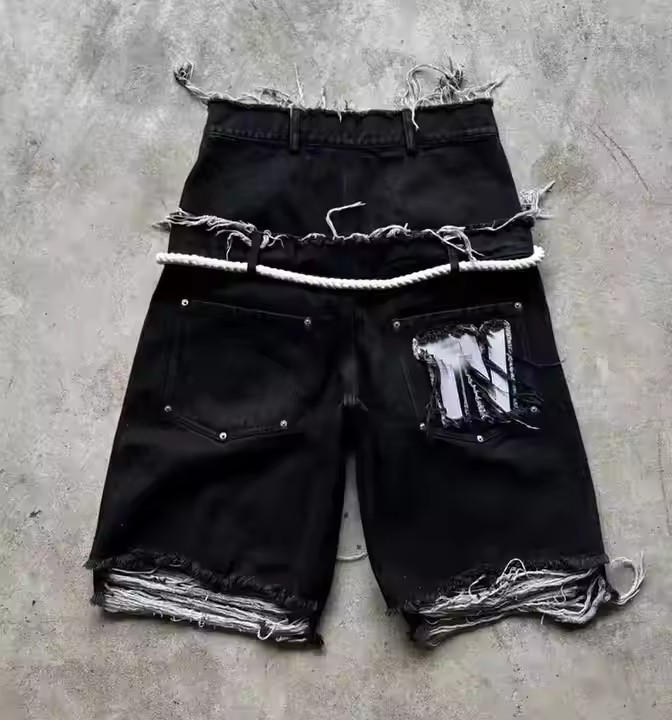 Custom Double Waist Vintage Distressed Black Loose Baggy Mens Denim Jeans Shorts Acid Washed Faded Rhinestone Jorts Men