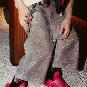 Custom Streetwear Men Dirty Acid Wash All Over Print Skate Diamond Rhinestone Distressed Denim Jeans Shorts Baggy Jorts Men