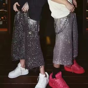 Custom Streetwear Men Dirty Acid Wash All Over Print Skate Diamond Rhinestone Distressed Denim Jeans Shorts Baggy Jorts Men