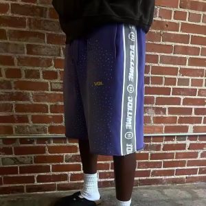 Custom Streetwear Vintage Rhinestone Sweat Short Cut Edge Acid Wash Patch Embroidery Baggy Shorts for Men