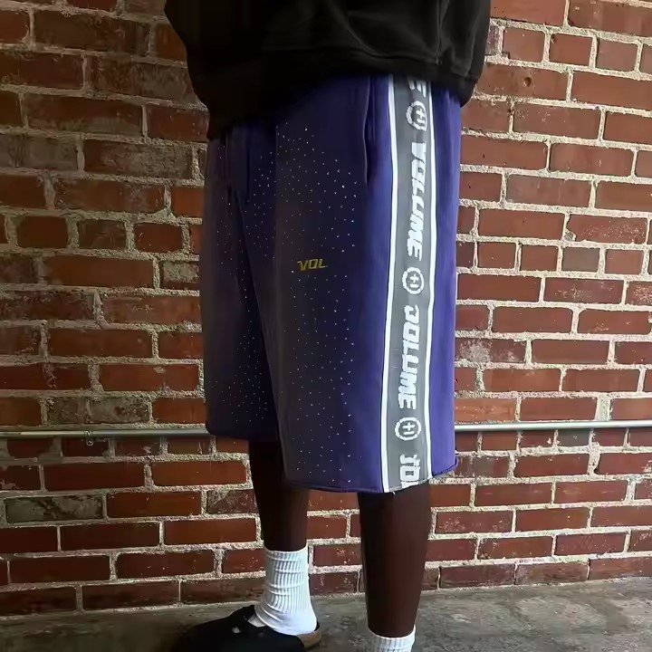 Custom Streetwear Vintage Rhinestone Sweat Short Cut Edge Acid Wash Patch Embroidery Baggy Shorts for Men