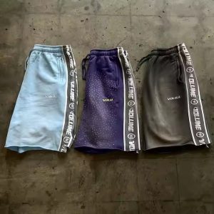 Custom Streetwear Vintage Rhinestone Sweat Short Cut Edge Acid Wash Patch Embroidery Baggy Shorts for Men