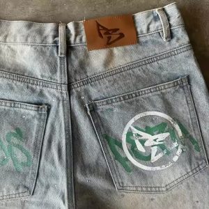 Custom Y2k Streetwear Knee Length Rhinestone Graffiti Flared Baggy Vintage Washed Distressed Trousers Denim Jorts Jean Shorts