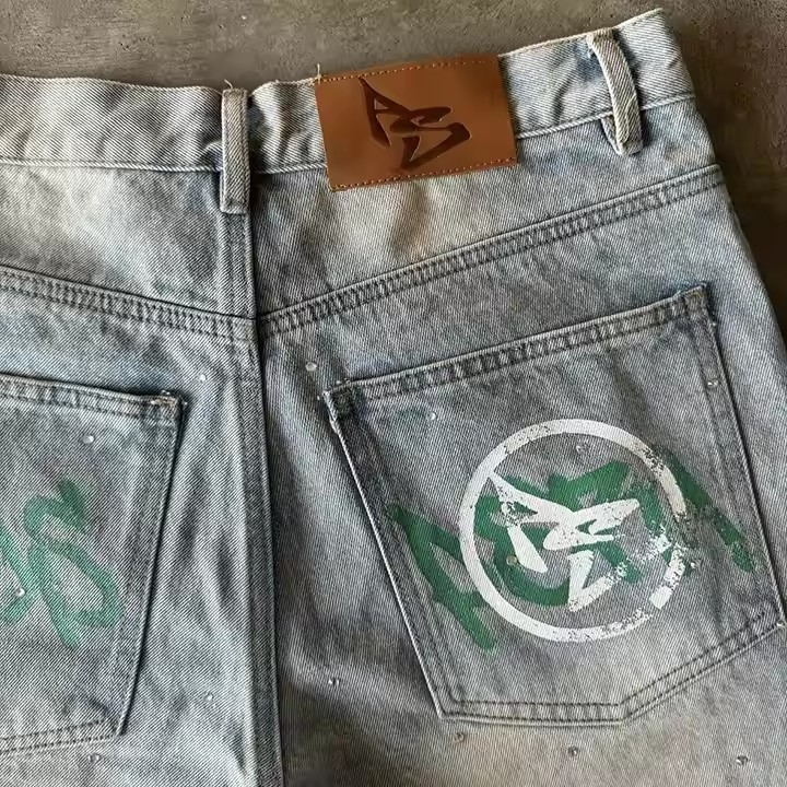 Custom Y2k Streetwear Knee Length Rhinestone Graffiti Flared Baggy Vintage Washed Distressed Trousers Denim Jorts Jean Shorts