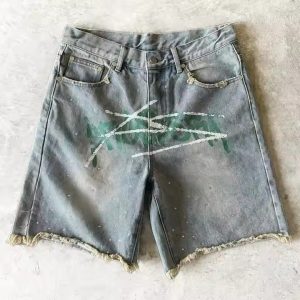 Custom Y2k Streetwear Knee Length Rhinestone Graffiti Flared Baggy Vintage Washed Distressed Trousers Denim Jorts Jean Shorts
