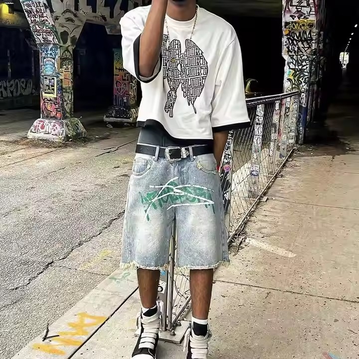 Custom Y2k Streetwear Knee Length Rhinestone Graffiti Flared Baggy Vintage Washed Distressed Trousers Denim Jorts Jean Shorts