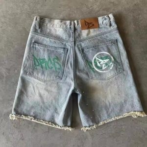 Custom Y2k Streetwear Knee Length Rhinestone Graffiti Flared Baggy Vintage Washed Distressed Trousers Denim Jorts Jean Shorts