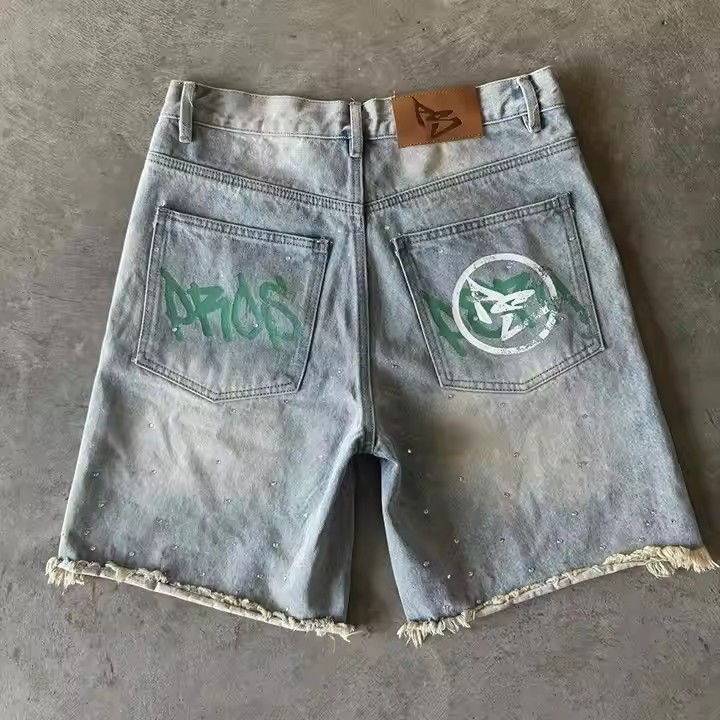 Custom Y2k Streetwear Knee Length Rhinestone Graffiti Flared Baggy Vintage Washed Distressed Trousers Denim Jorts Jean Shorts