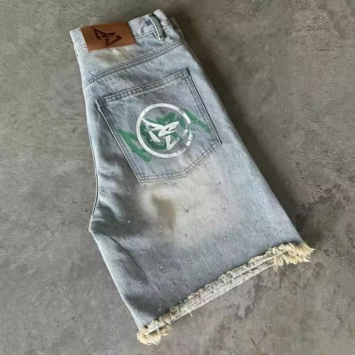 Custom Y2k Streetwear Knee Length Rhinestone Graffiti Flared Baggy Vintage Washed Distressed Trousers Denim Jorts Jean Shorts