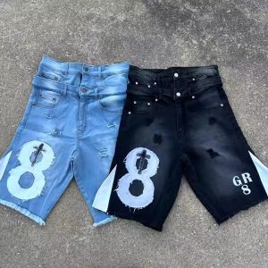Custom Applique Patch Printed Double Waist Cotton Distressed Embroidery Acid Wash Baggy Men Ripped Flared Jeans Denim Shorts