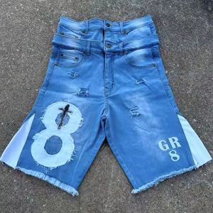 Custom Applique Patch Printed Double Waist Cotton Distressed Embroidery Acid Wash Baggy Men Ripped Flared Jeans Denim Shorts