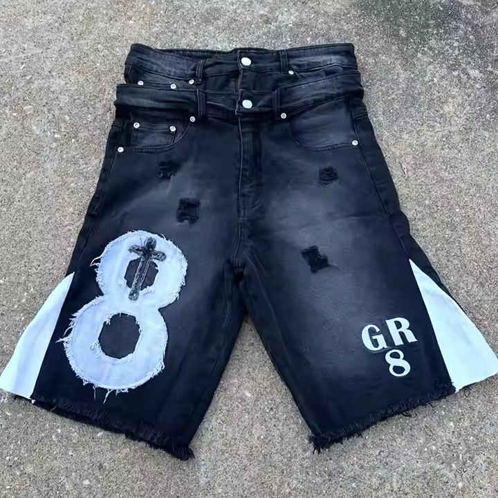 Custom Applique Patch Printed Double Waist Cotton Distressed Embroidery Acid Wash Baggy Men Ripped Flared Jeans Denim Shorts