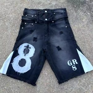 Custom Applique Patch Printed Double Waist Cotton Distressed Embroidery Acid Wash Baggy Men Ripped Flared Jeans Denim Shorts