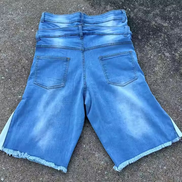 Custom Applique Patch Printed Double Waist Cotton Distressed Embroidery Acid Wash Baggy Men Ripped Flared Jeans Denim Shorts